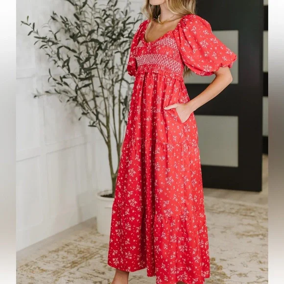 NWT Baevely Floral Smocked Midi/Maxi Puff Dress - Picture 2 of 15